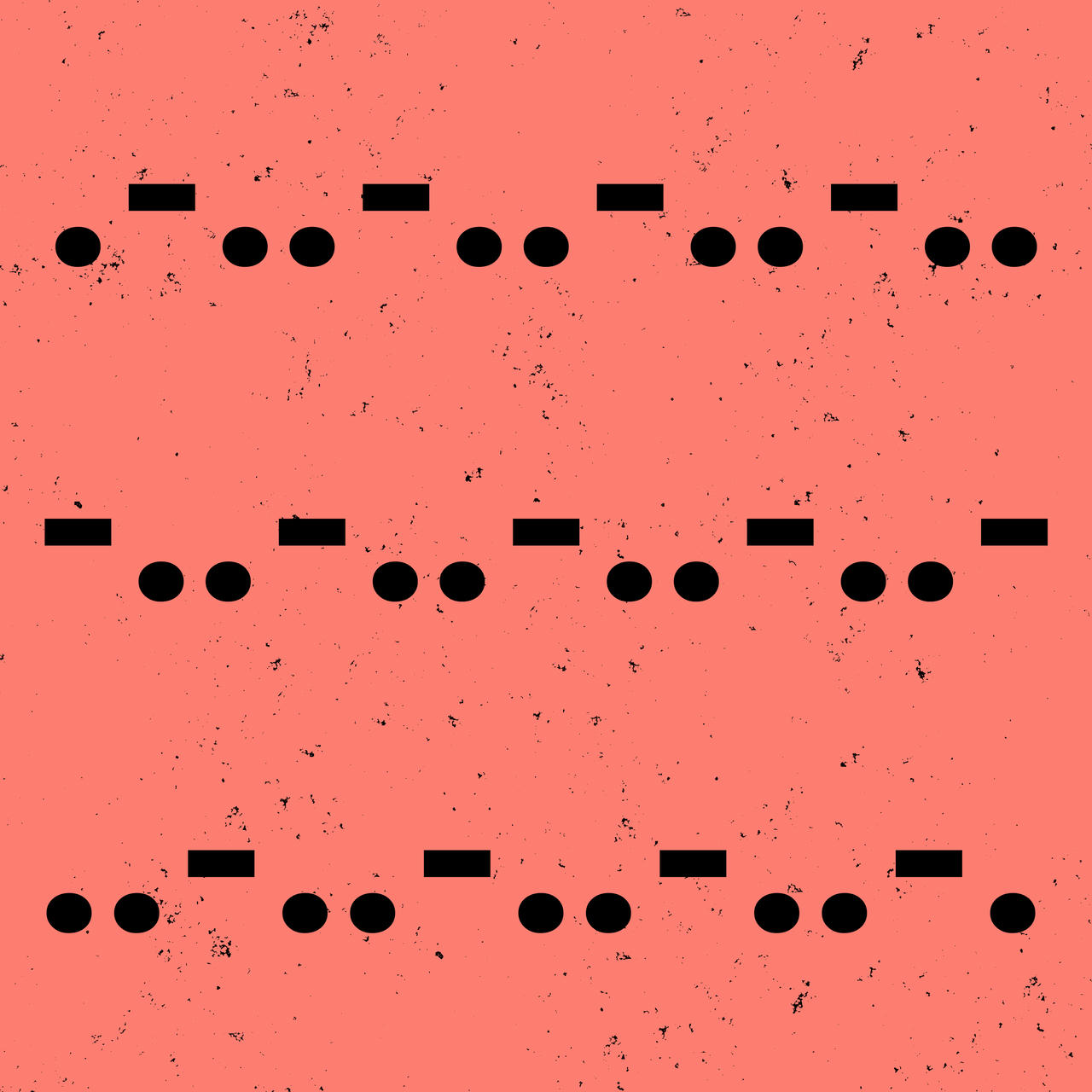 a black morse code pattern, dot dot dash, repeated over a speckled salmon colored background