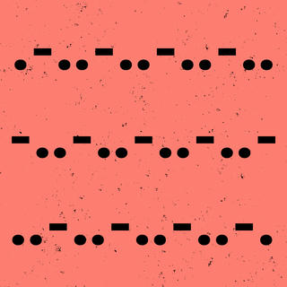 a black morse code pattern, dot dot dash, repeated over a speckled salmon colored background
