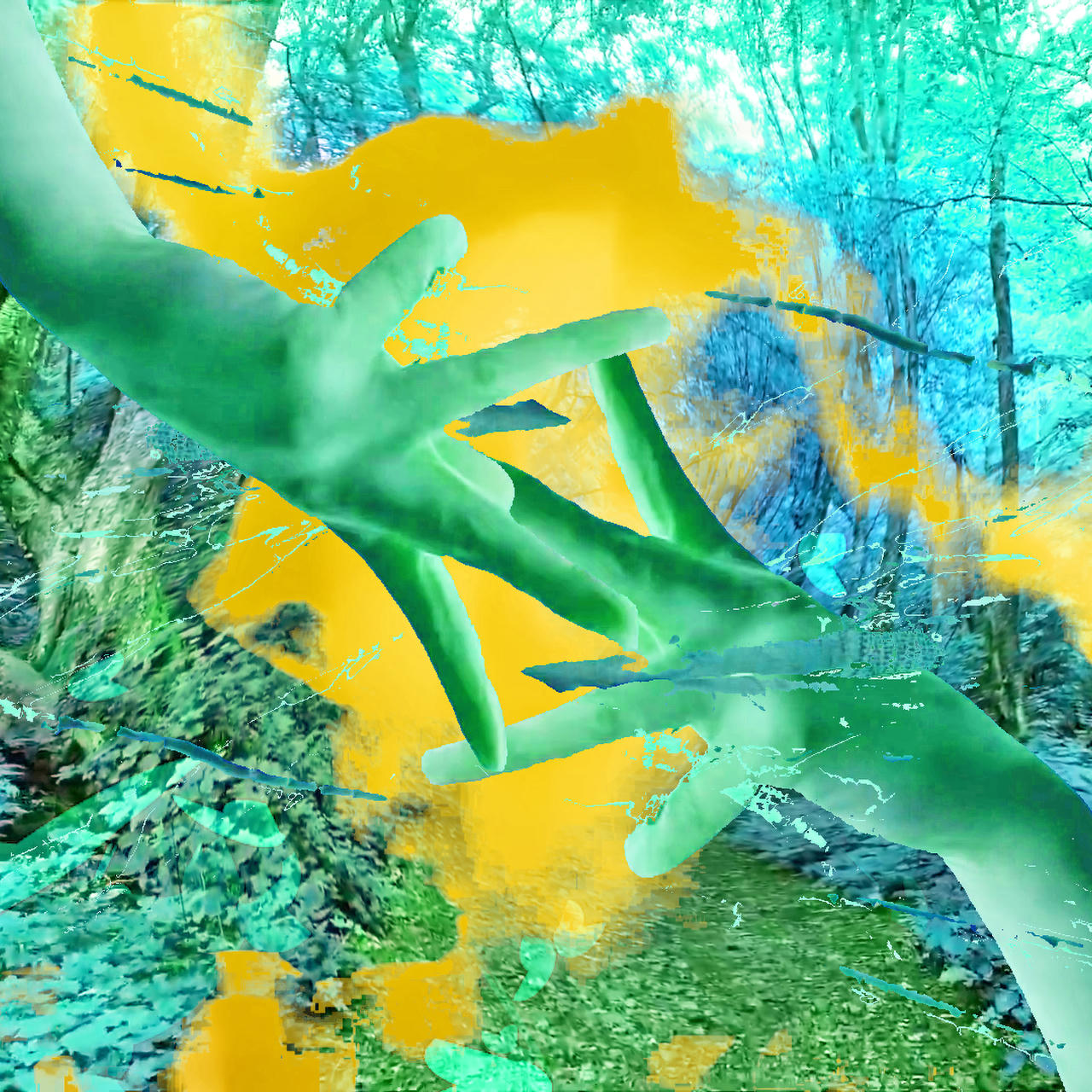 two green tinted hands reaching out and touching each other in front of yellow splotches and a warped blue-green forest.